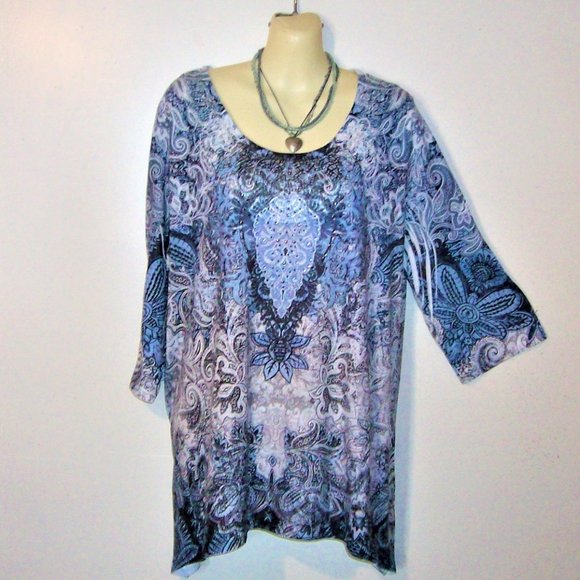 Catherines 0X 16 Blue Paisley Rhinestone Top H390 - Picture 2 of 7